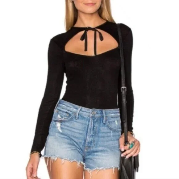 NWT FOR LOVE & LEMONS Josephina Bodysuit Black Tie Front and Long Sleeve L Large - Picture 7 of 11
